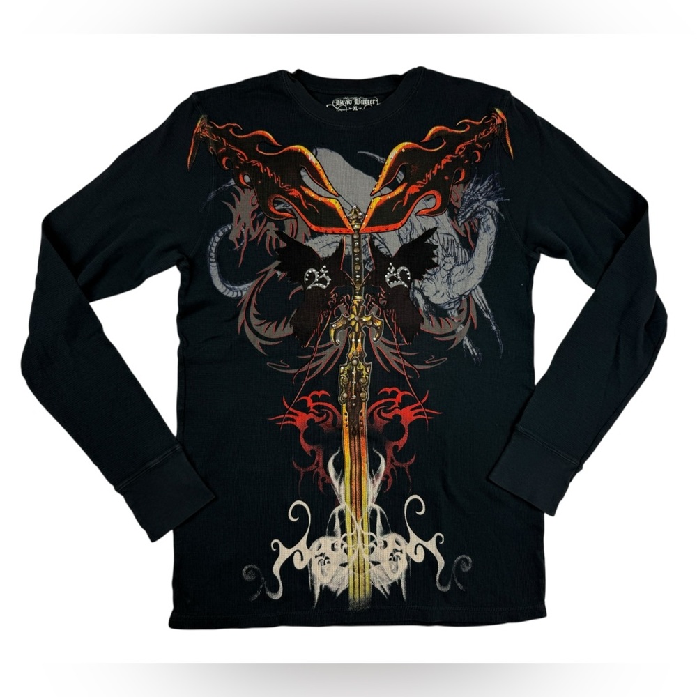 Vintage Y2K Brad Butter Sword Fire AOP Long Sleeve Thermal Black Shirt XL Stones